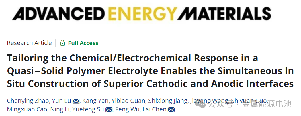 北京理工大学：准固态高压锂金属电池界面损伤应对策略